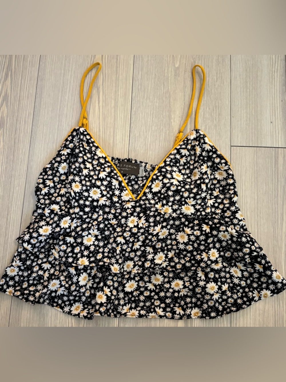 Dress Forum Black Daisy Print Cami with Yellow Trim